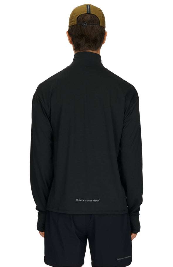 Men's black long sleeve running wool layer with high collar and thumbholes for warmth.